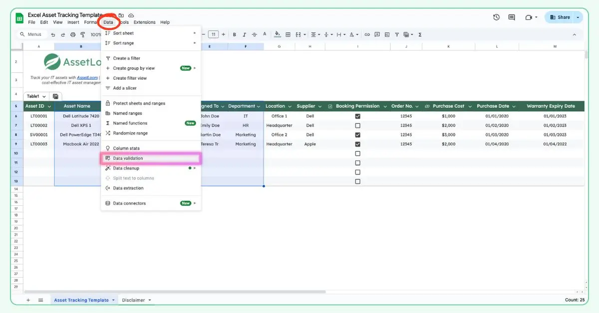 Add Data Validation to the Excel Asset Tracking Template