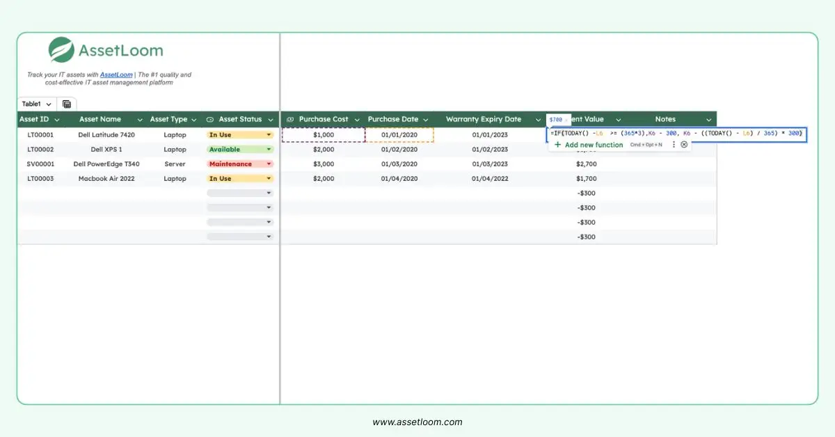 Add Formulas for Depreciation and Current Value