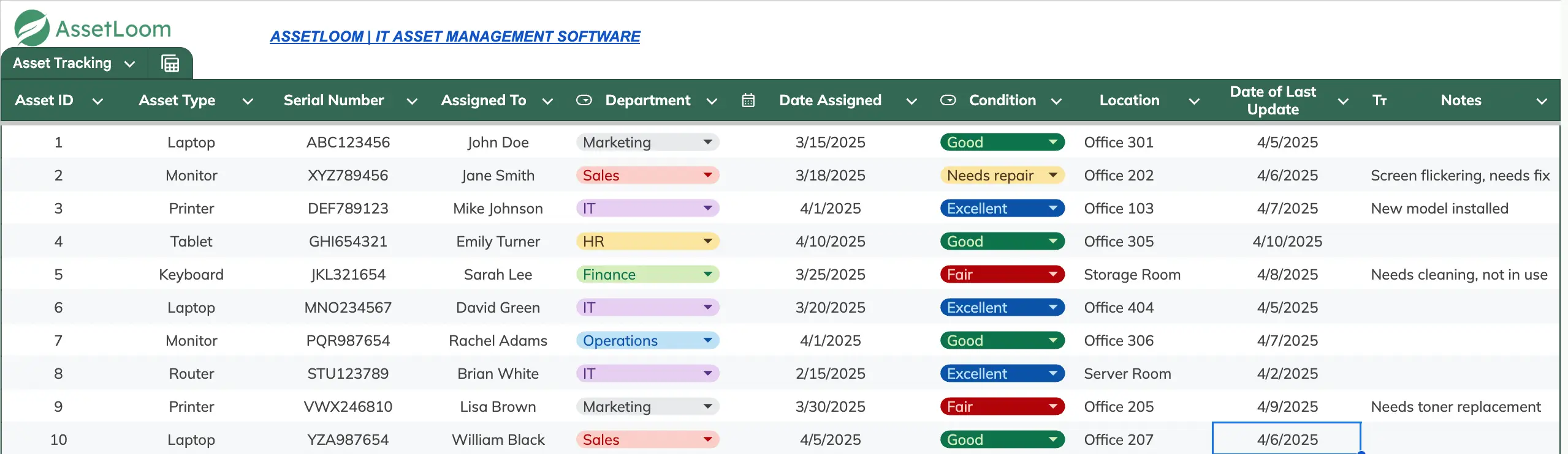 Asset Tracking Google Sheet Example