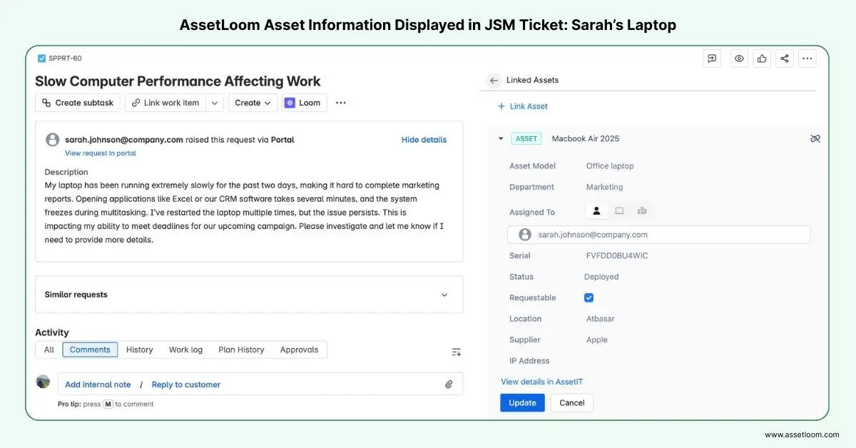 AssetLoom Asset Information Displayed in JSM Ticket_ Sarah’s Laptop