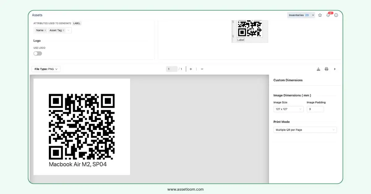 AssetLoom generates QR code based on asset tag AssetLoom generates QR code based on asset tag