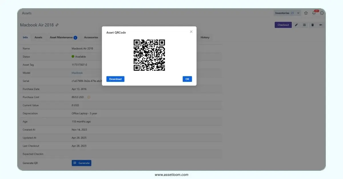 AssetLoom generates QR codes based on asset tags