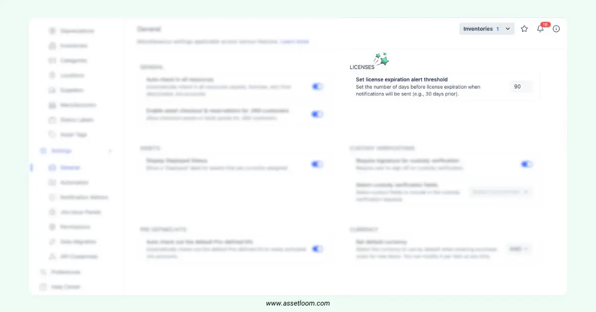 AssetLoom license expiration alert threshold