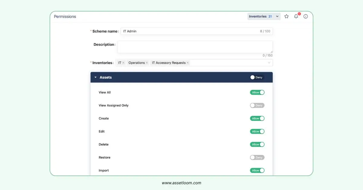 AssetLoom's permission settings, showing how to configure role-based access controls to ensure only authorized users access specific IT assets