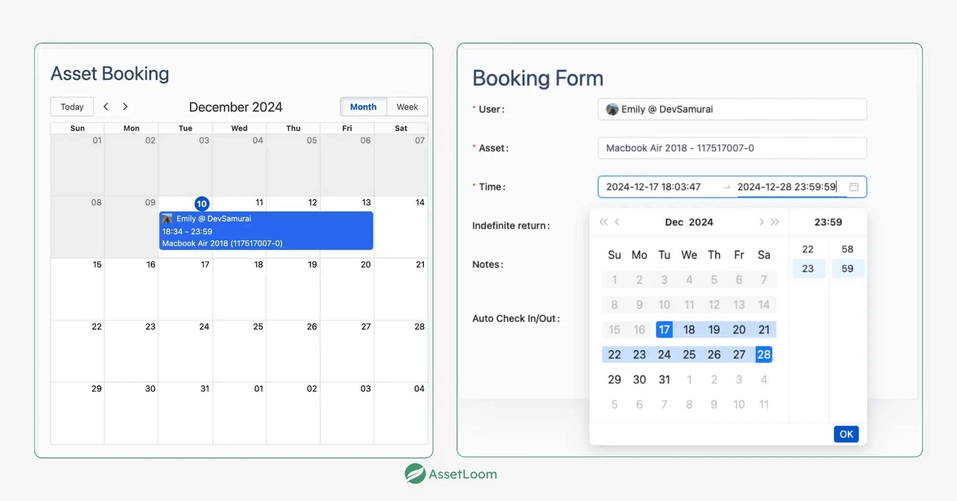 Booking assets with booking form