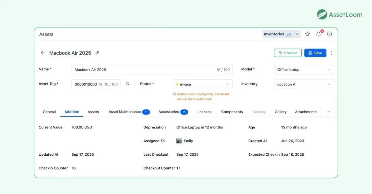 Depreciation tracking in AssetLoom