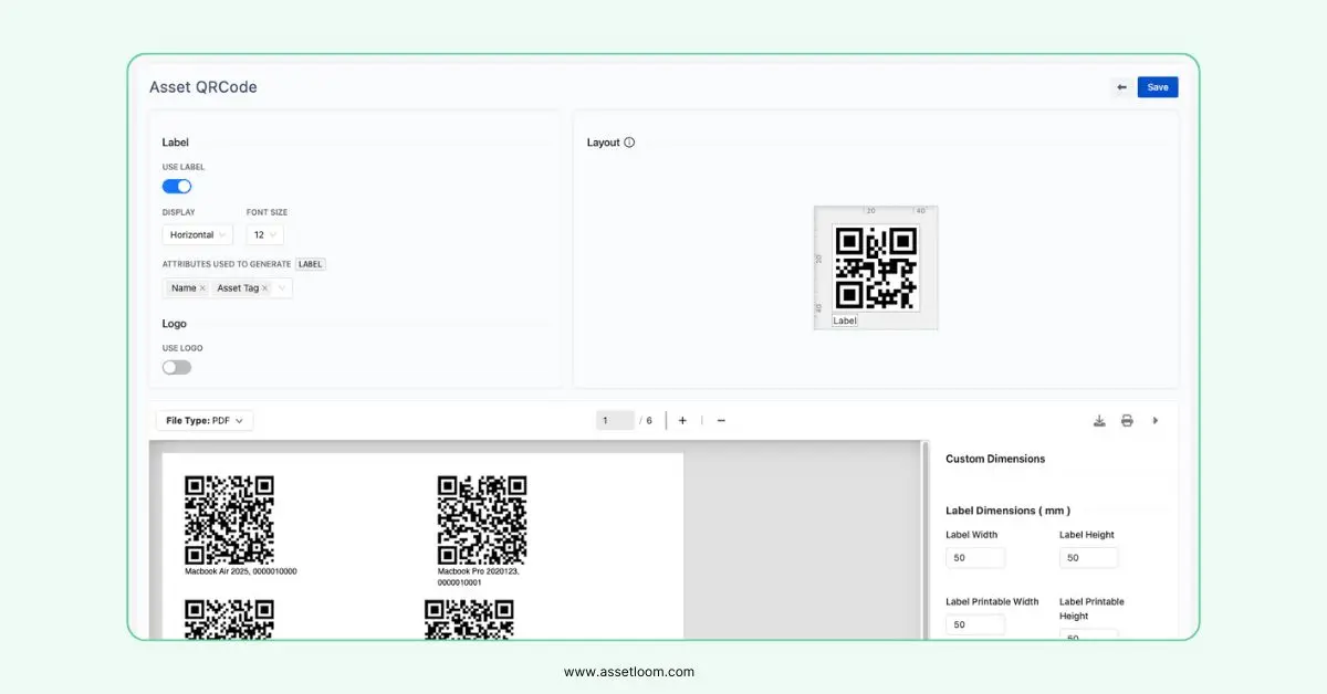 QR code generation in AssetLoom