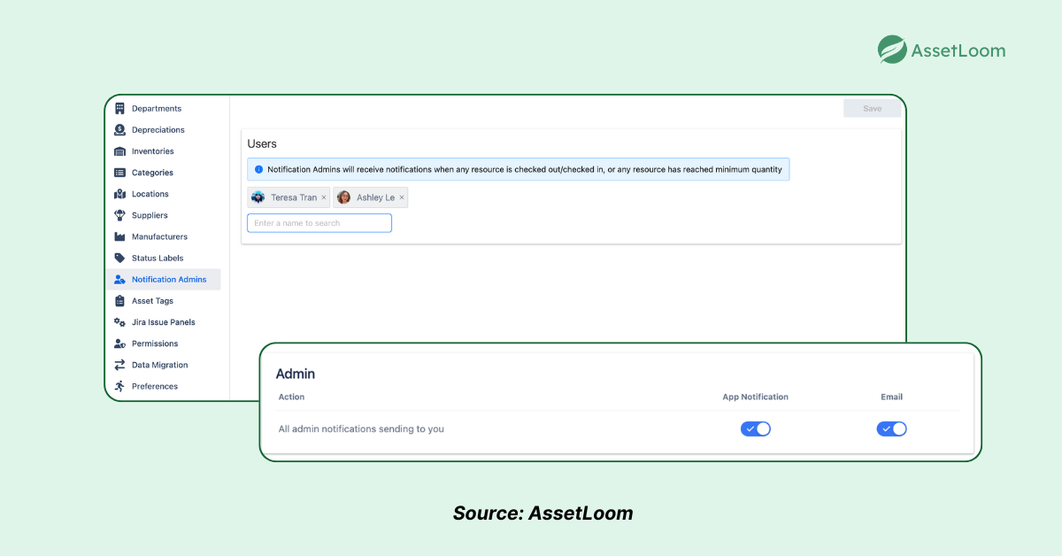 Set Notification Admins AssetLoom
